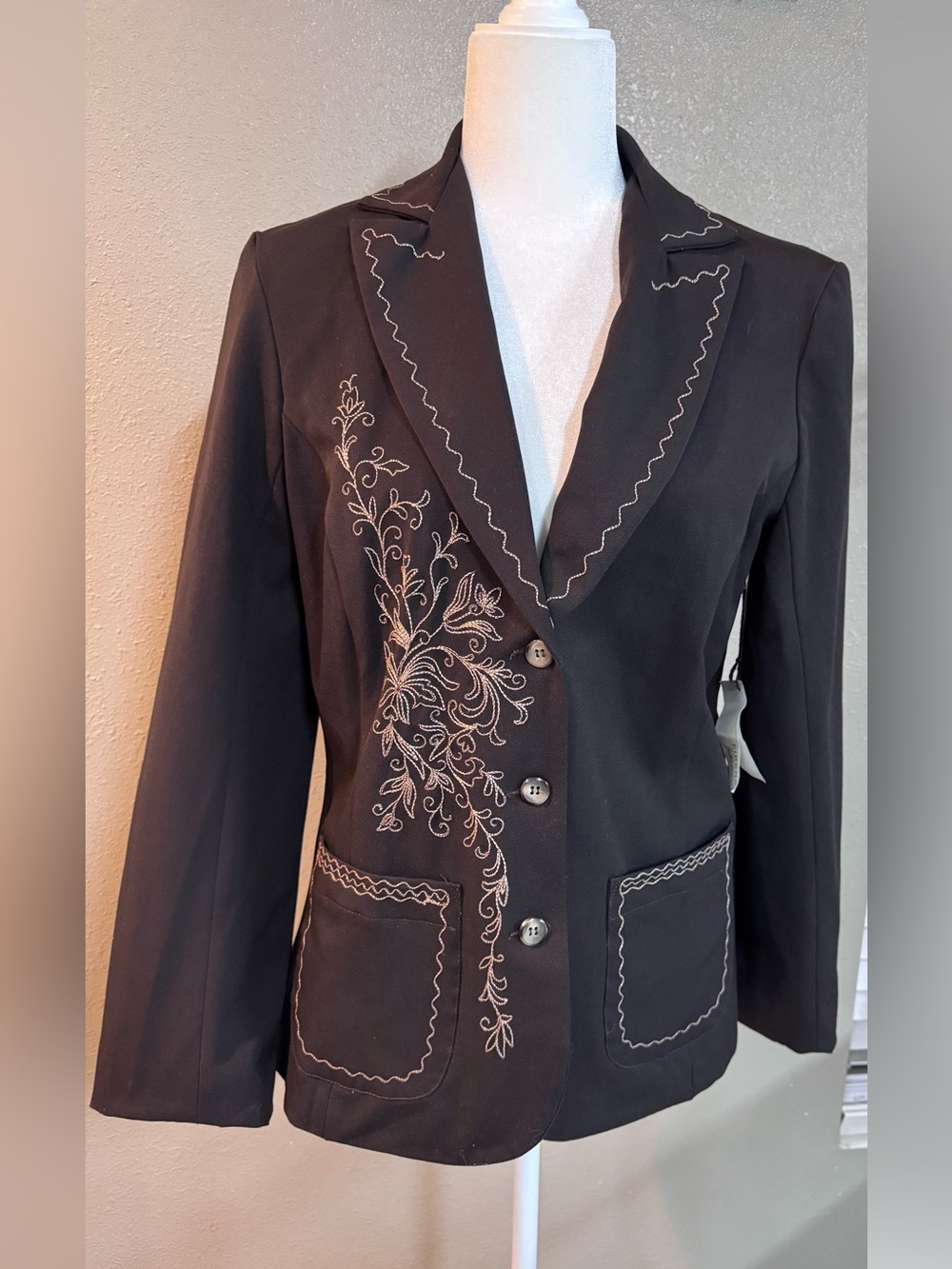 BrownEmbroidered Single-Breasted Blazer Jacket